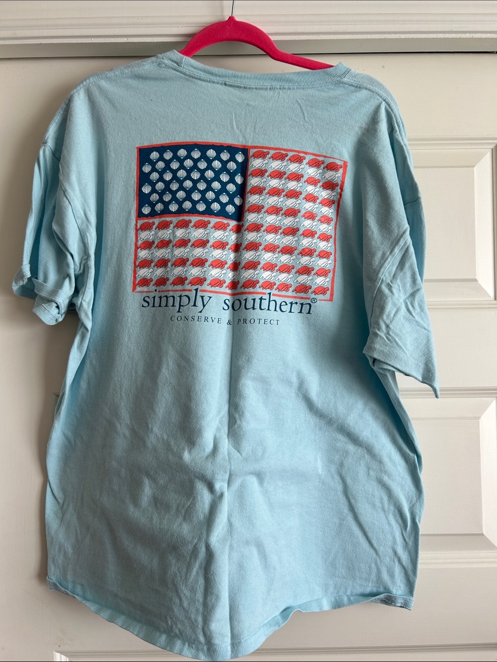 Simply Southern Light Blue Tee with Red & Navy Flag Graphic